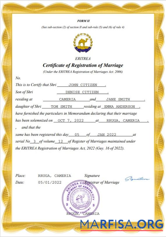 Blank Eritrea marriage certificate Word and PDF template